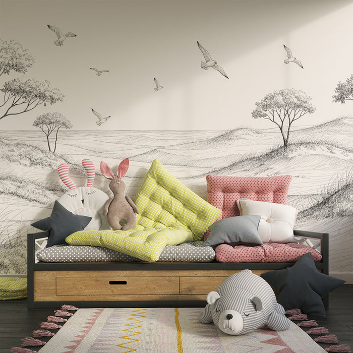 Papel de parede para quarto de criança | Paisagem minimalista com árvores e pássaros em voo