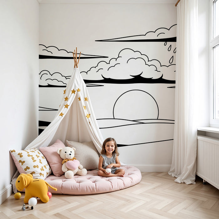 Papier de parede dječja soba | Minimalistički krajolik s oblacima i kišom