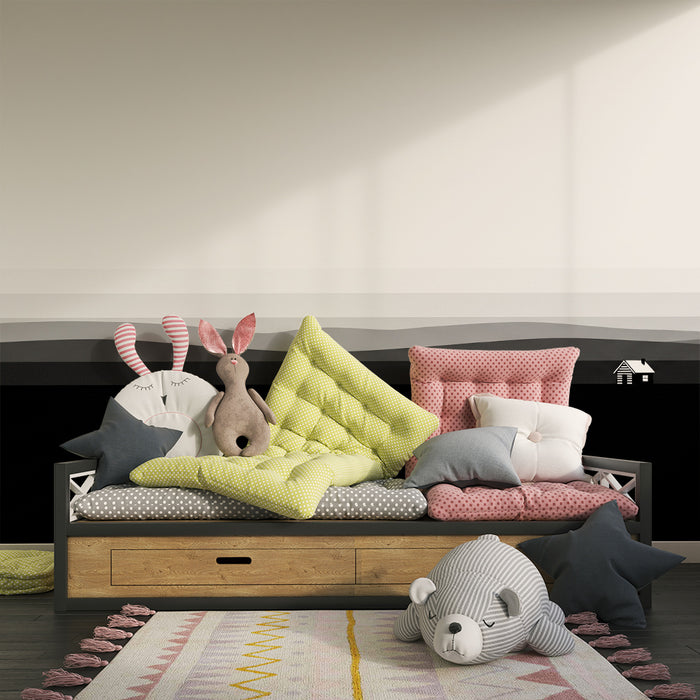 Barntapet | Minimalistisk svartvit landskap med hus