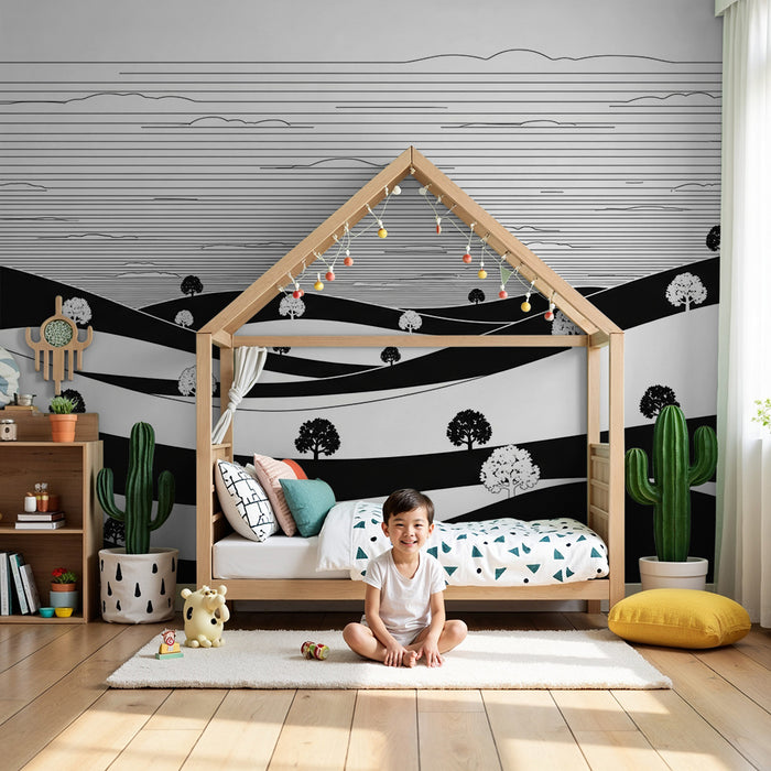 Kids room wallpaper | Monochrome landscape with stylized hills and trees