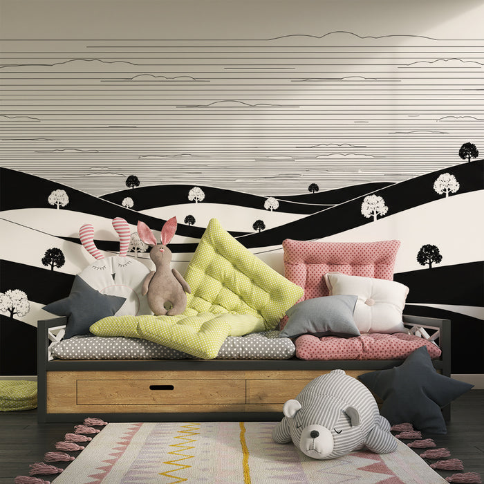 Kids room wallpaper | Monochrome landscape with stylized hills and trees