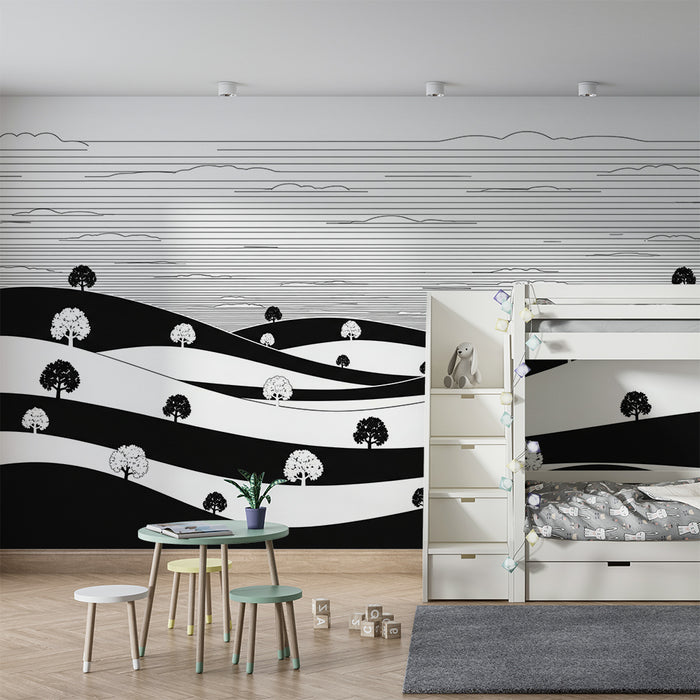 Kids room wallpaper | Monochrome landscape with stylized hills and trees