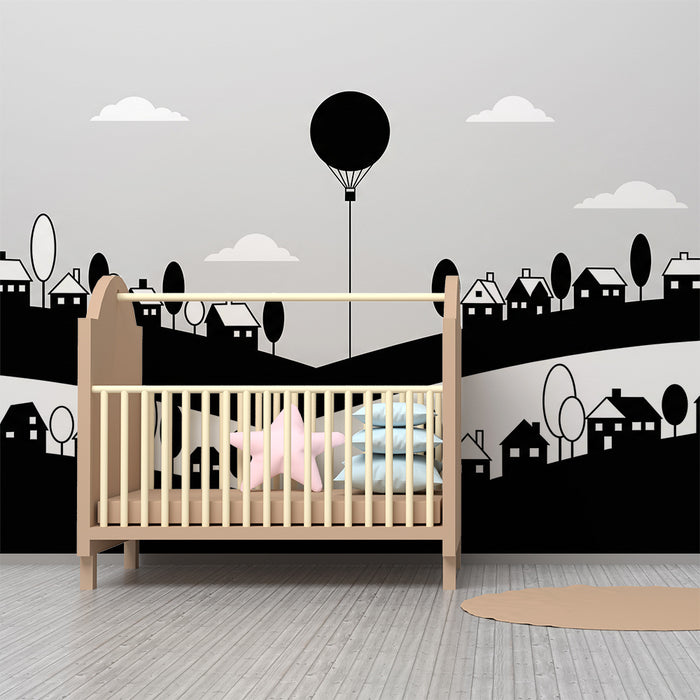 Carta da parati bambini | Paesaggio monocromatico con mongolfiera e case