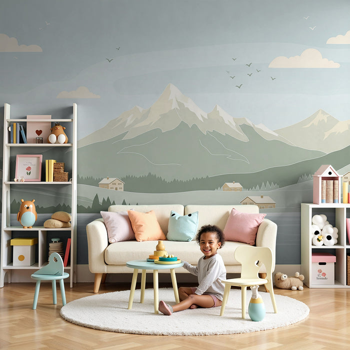 Børnetapet | Beroligende bjerglandskab med søer og træhuse