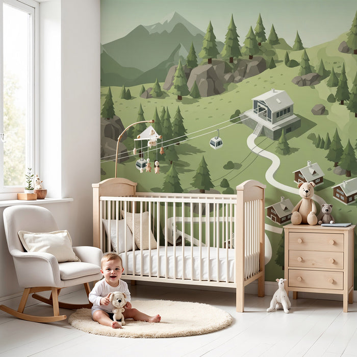 Papel pintado infantil | Paisaje de montaña con cabinas de teleférico y cabañas