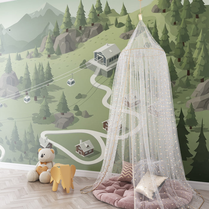 Papel pintado infantil | Paisaje de montaña con cabinas de teleférico y cabañas