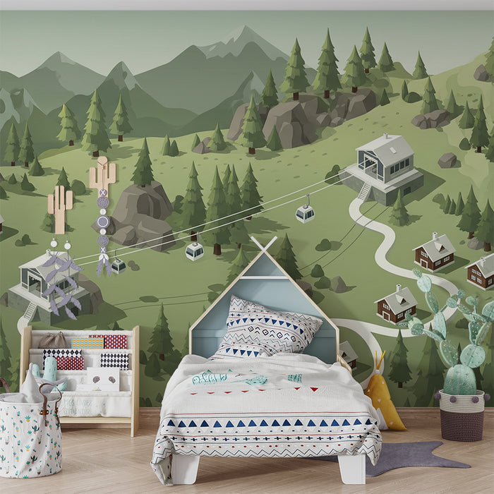 Papel pintado infantil | Paisaje de montaña con cabinas de teleférico y cabañas