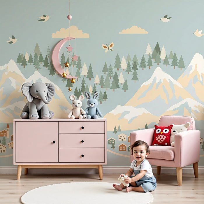 Papel de parede para quarto infantil | Paisagem montanhosa com casas coloridas e pássaros a voar