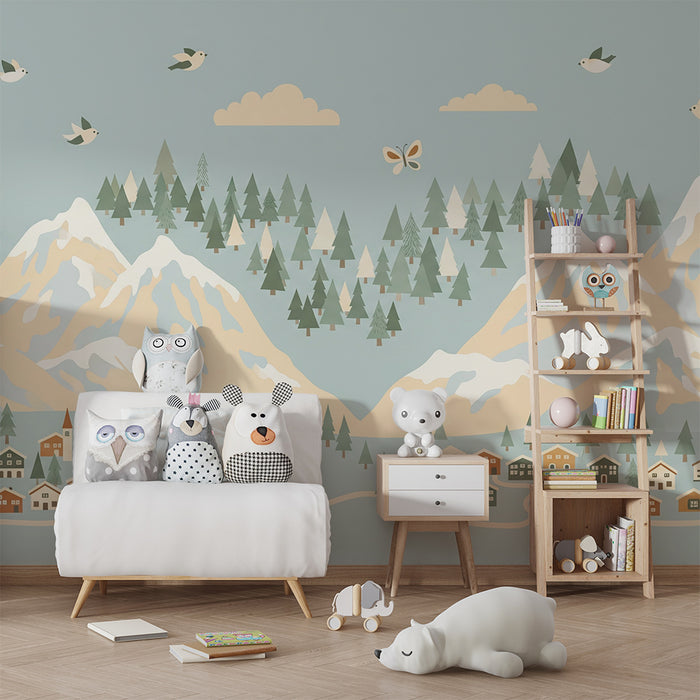 Papel de parede para quarto infantil | Paisagem montanhosa com casas coloridas e pássaros a voar
