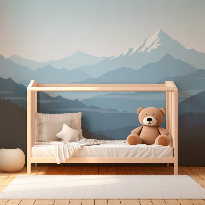 Kids room wallpaper | Calming mountain landscape with lush green forests