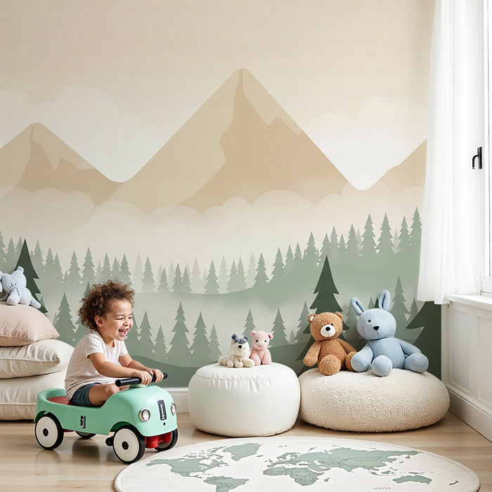 Kinderzimmer Tapete | Beruhigende Berglandschaft mit grünen Wäldern