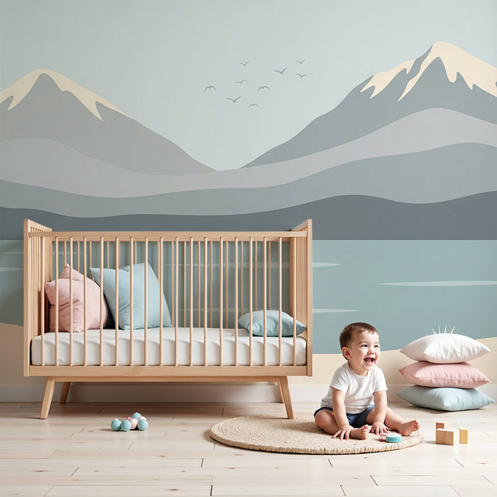 Tapete Kinderzimmer | Beruhigende Berglandschaft mit See und klarem Himmel
