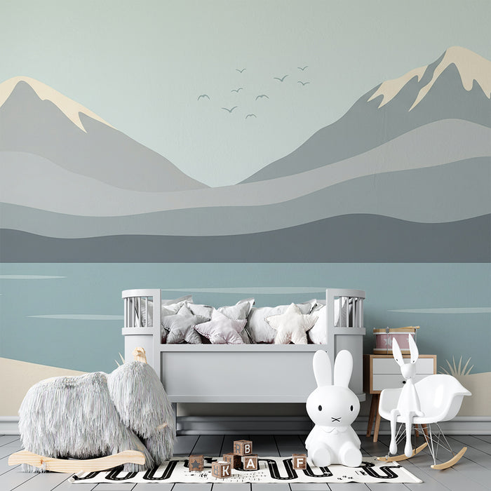 Tapete Kinderzimmer | Beruhigende Berglandschaft mit See und klarem Himmel