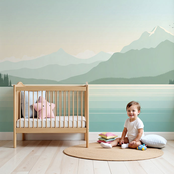 Papier peint chambre enfant | Paysage montagneux apaisant avec lac et forêts