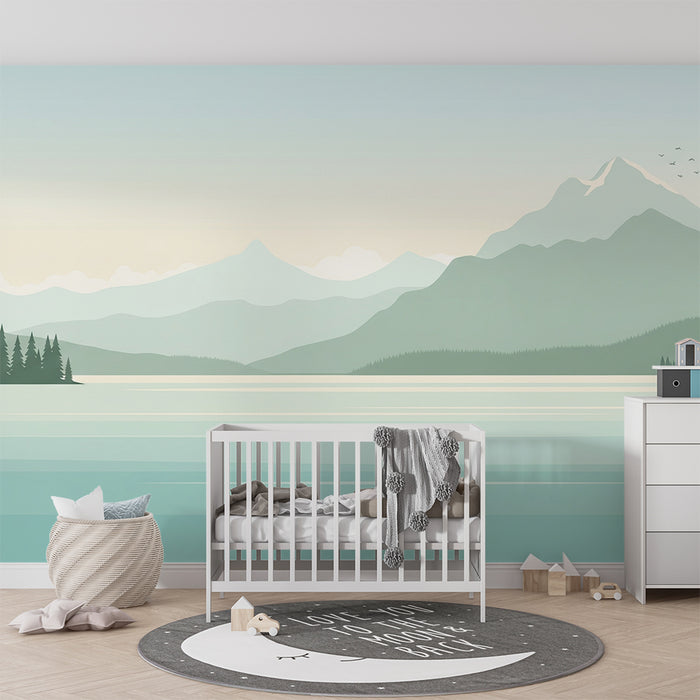 Papier peint chambre enfant | Paysage montagneux apaisant avec lac et forêts