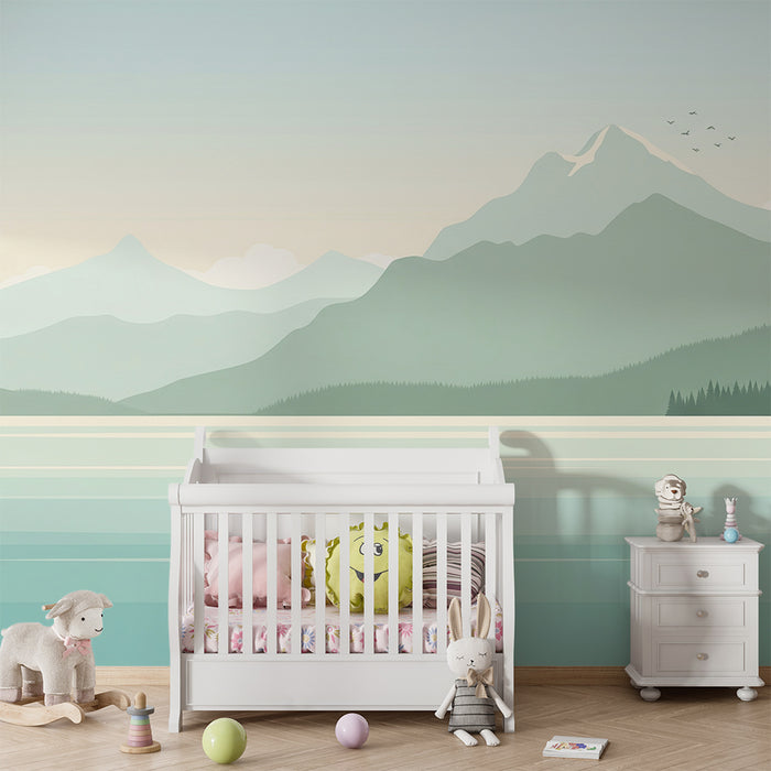 Papier peint chambre enfant | Paysage montagneux apaisant avec lac et forêts