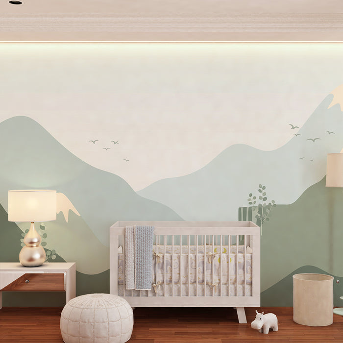 Tapete Kinderzimmer | Beruhigende Berglandschaft mit Grüntönen