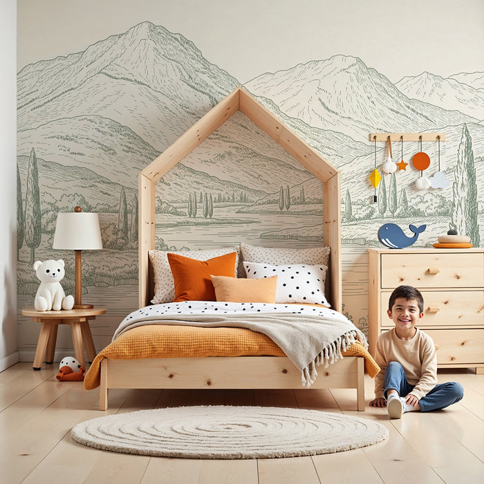 Papel de parede para quarto infantil | Paisagem montanhosa tranquila com rio e ciprestes