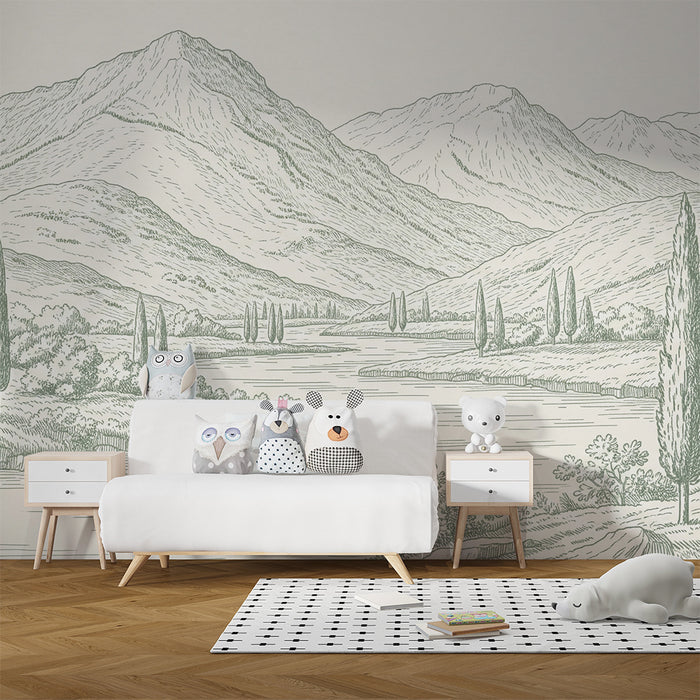 Papel de parede para quarto infantil | Paisagem montanhosa tranquila com rio e ciprestes