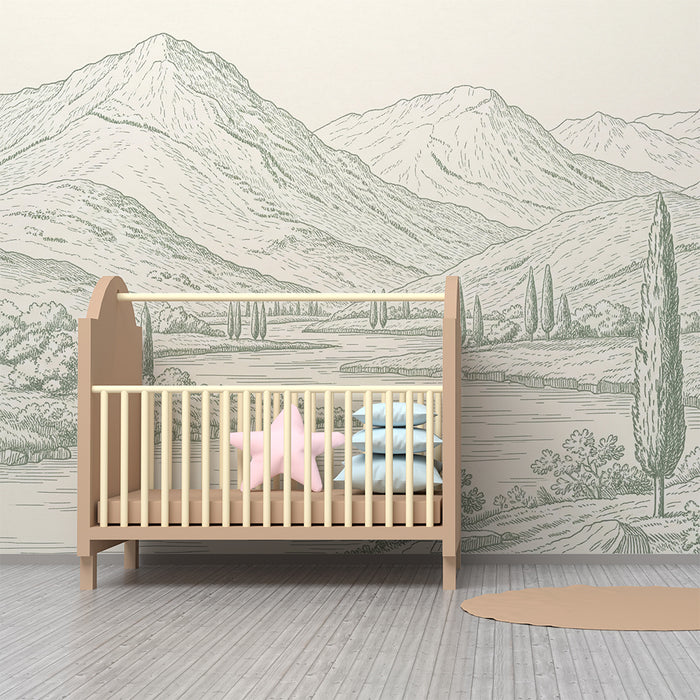 Papel de parede para quarto infantil | Paisagem montanhosa tranquila com rio e ciprestes