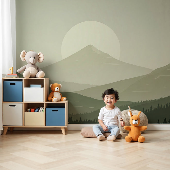 Kinderzimmer Tapete | Beruhigende Berglandschaft mit sanfter Sonne