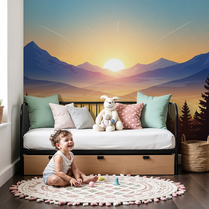 Papier peint chambre enfant | Paysage montagneux au lever du soleil