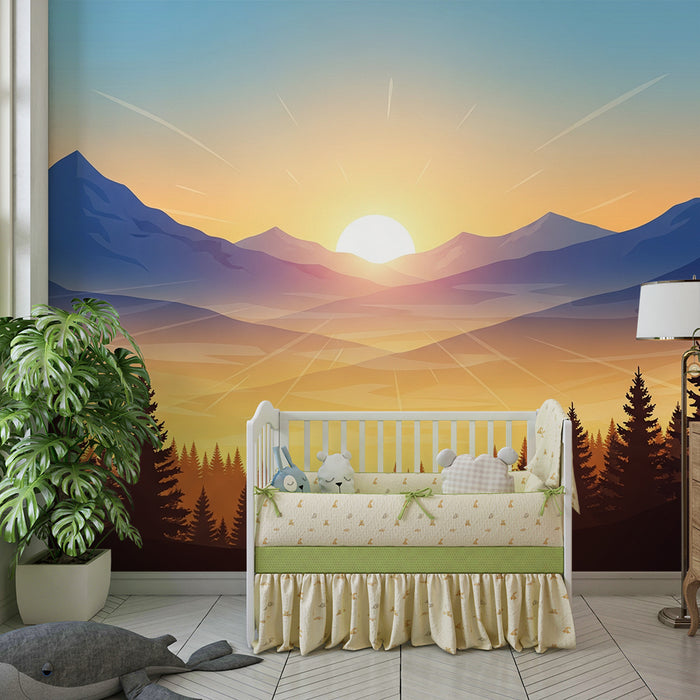 Papier peint chambre enfant | Paysage montagneux au lever du soleil