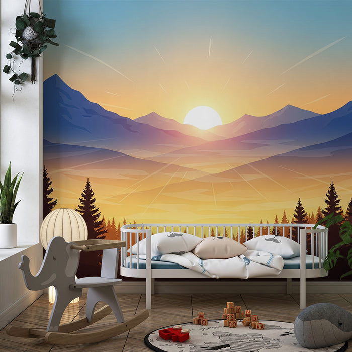 Papier peint chambre enfant | Paysage montagneux au lever du soleil