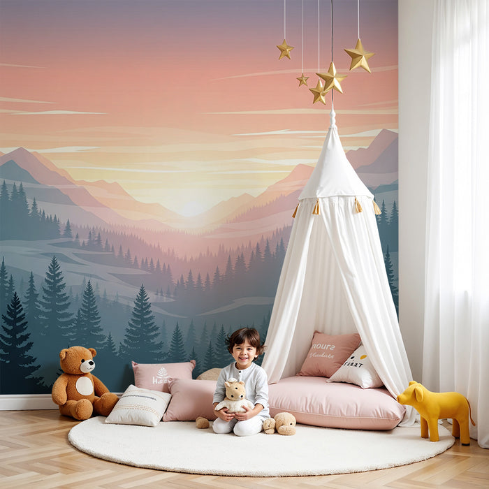 Kids room wallpaper | Mountain landscape at sunrise with coniferous forests