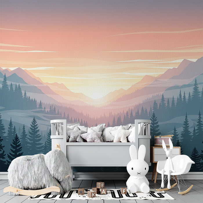Kids room wallpaper | Mountain landscape at sunrise with coniferous forests