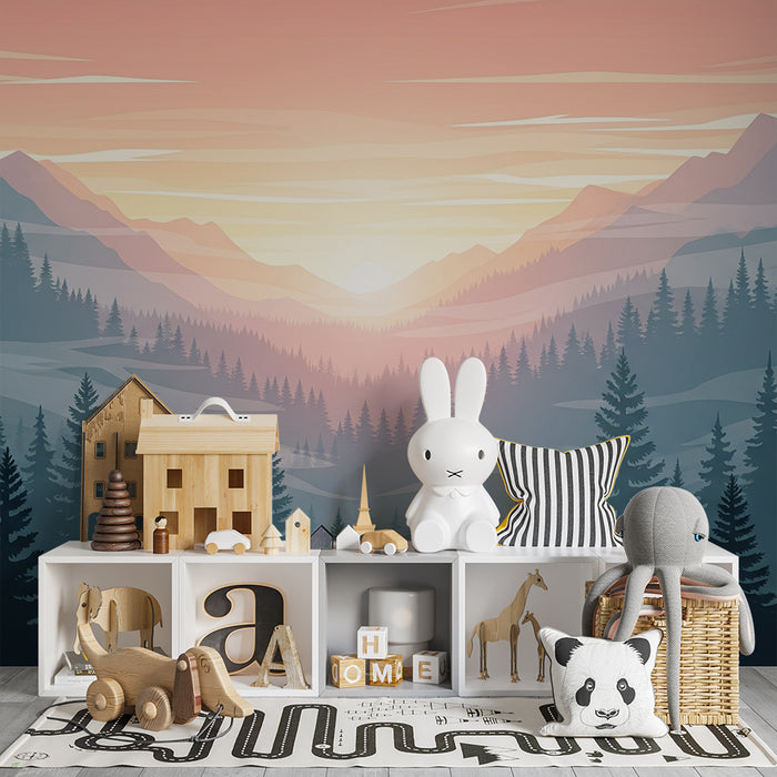 Kids room wallpaper | Mountain landscape at sunrise with coniferous forests