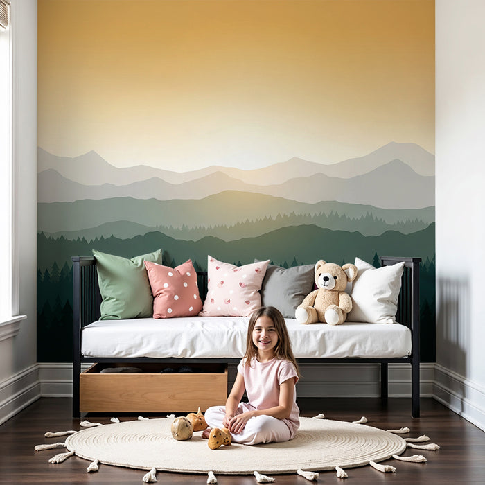 Lastenhuoneen tapetti | Vuoristomaisema auringonnousun aikaan vihreine metsineen