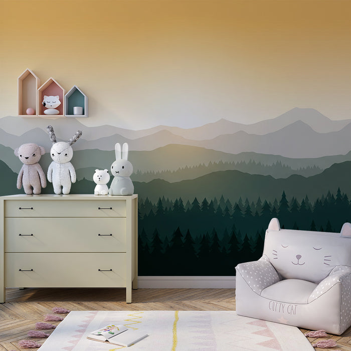 Lastenhuoneen tapetti | Vuoristomaisema auringonnousun aikaan vihreine metsineen