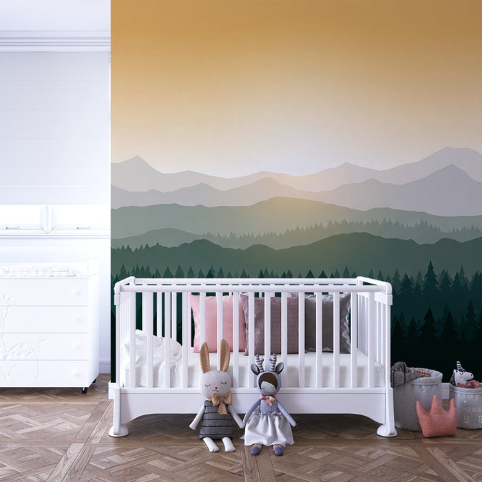 Lastenhuoneen tapetti | Vuoristomaisema auringonnousun aikaan vihreine metsineen