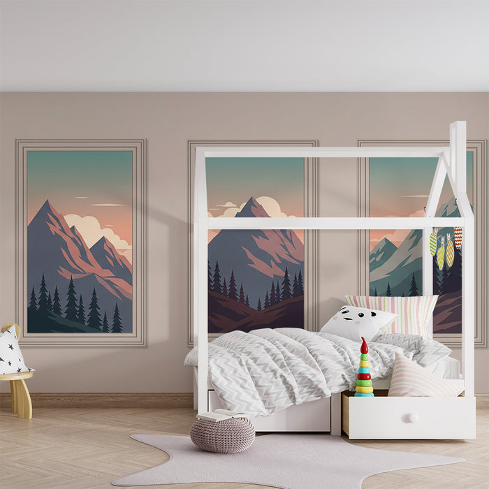 Papel de parede criança | Paisagem de montanha com tons suaves e pinheiros