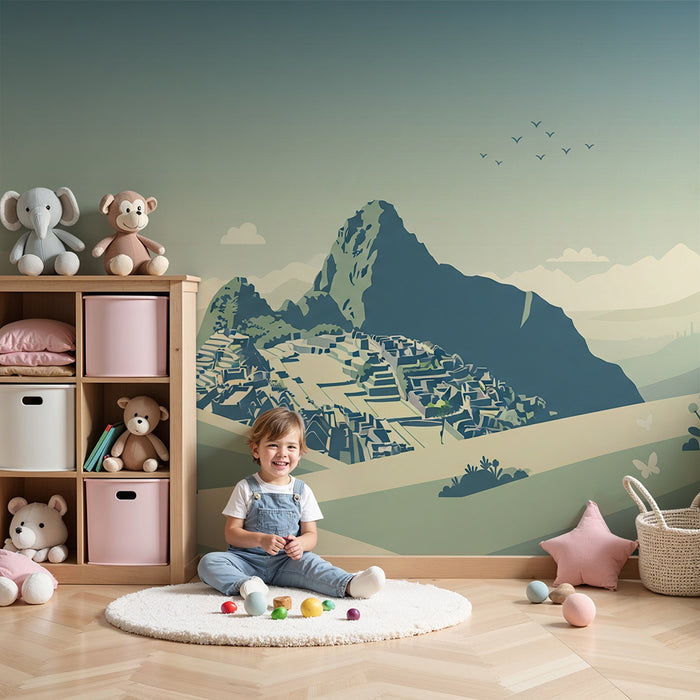 Carta da parati per camera bambini | Paesaggio montuoso con rovine antiche e natura rilassante