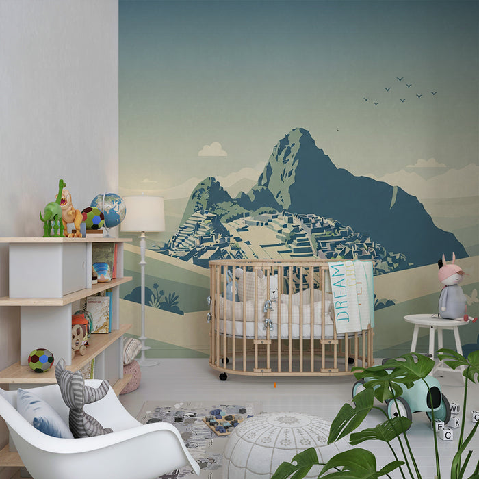 Carta da parati per camera bambini | Paesaggio montuoso con rovine antiche e natura rilassante