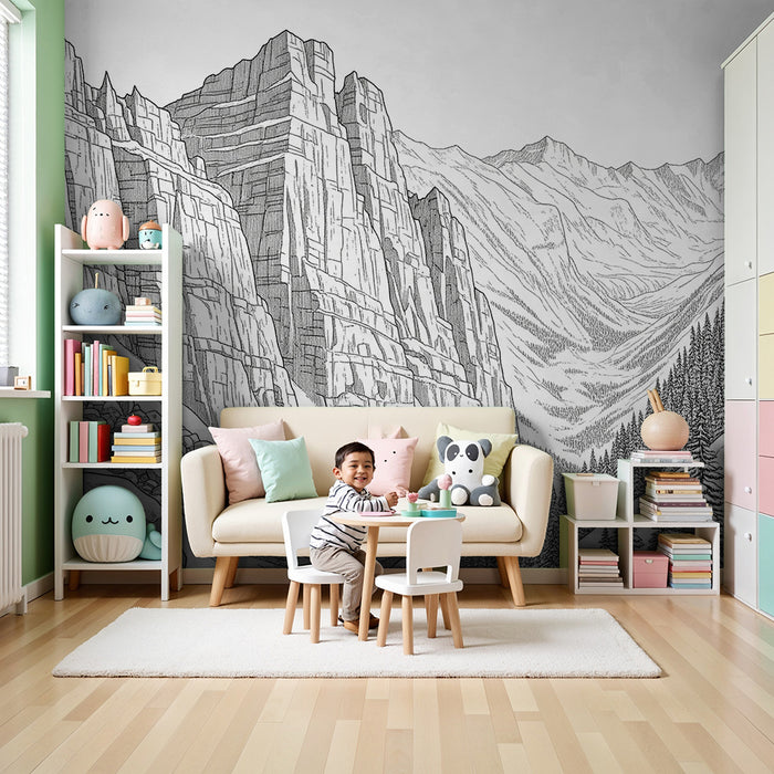 Kinderzimmer-Tapete | Berglandschaft mit Wolf vor Felsenkulisse