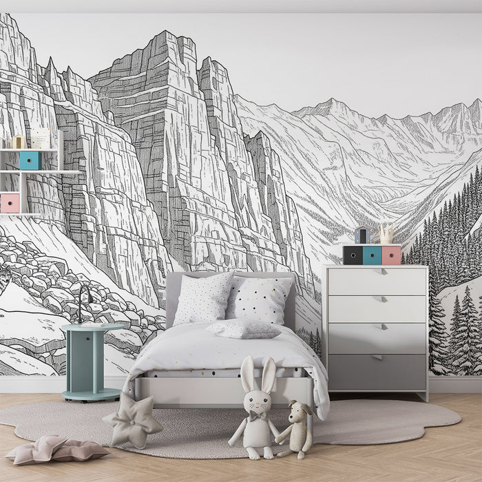 Kinderzimmer-Tapete | Berglandschaft mit Wolf vor Felsenkulisse