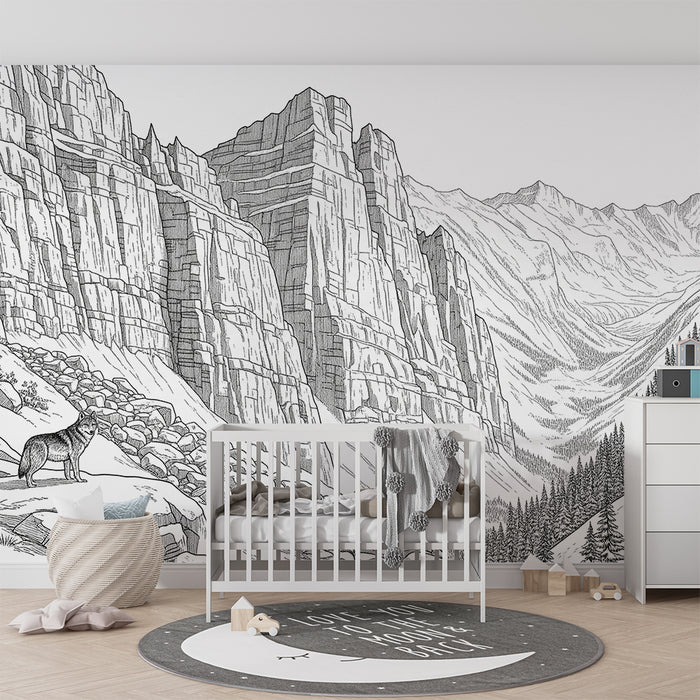 Kinderzimmer-Tapete | Berglandschaft mit Wolf vor Felsenkulisse