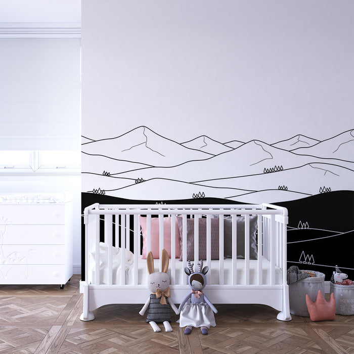 Kinderkamer behang | Minimalistisch zwart-wit berglandschap