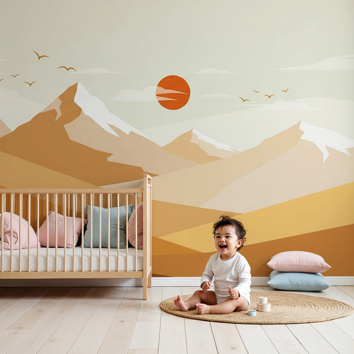 Kinderkamer behang | Minimalistisch berglandschap met zonsondergang