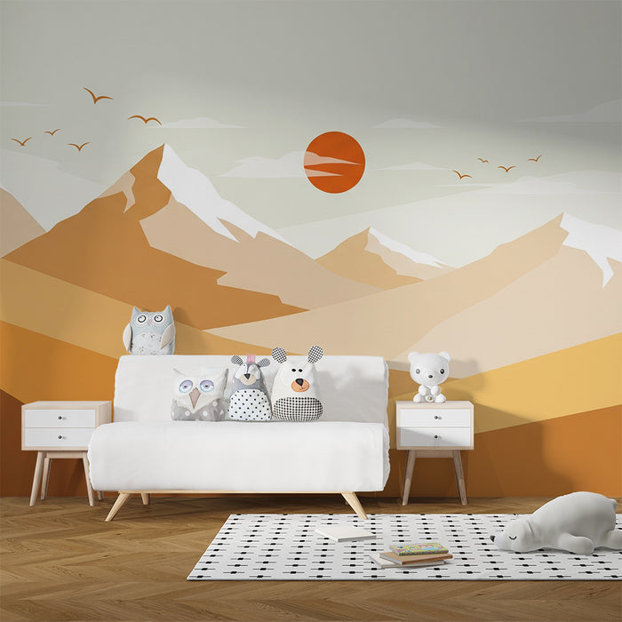 Kinderkamer behang | Minimalistisch berglandschap met zonsondergang