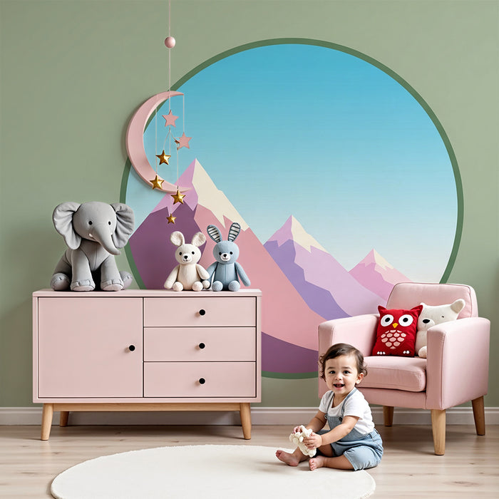 Lastenhuoneen tapetti | Vaaleanpunainen vuoristomaisema sinisellä taivaalla