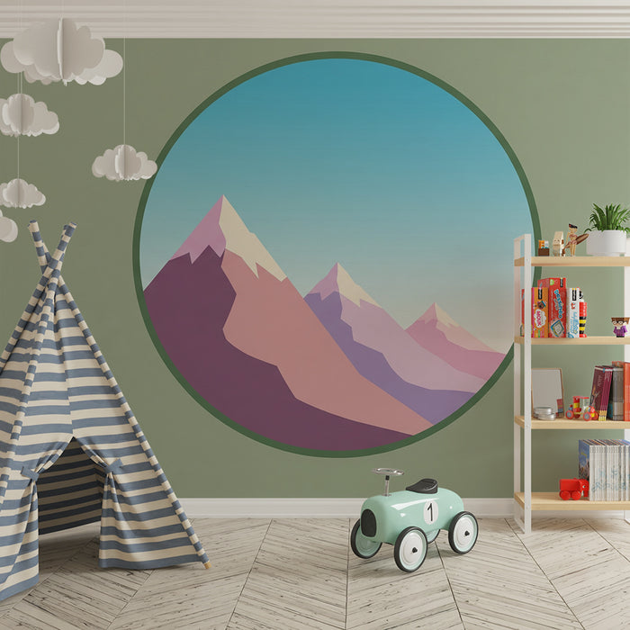 Lastenhuoneen tapetti | Vaaleanpunainen vuoristomaisema sinisellä taivaalla
