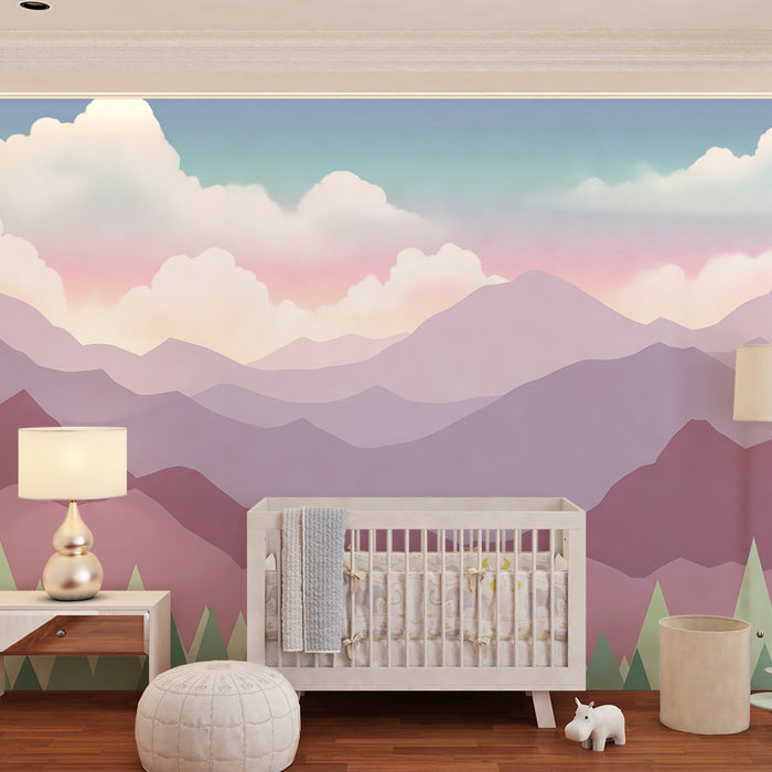 Kinderkamer behang | Pastoraal berglandschap met dennenbomen