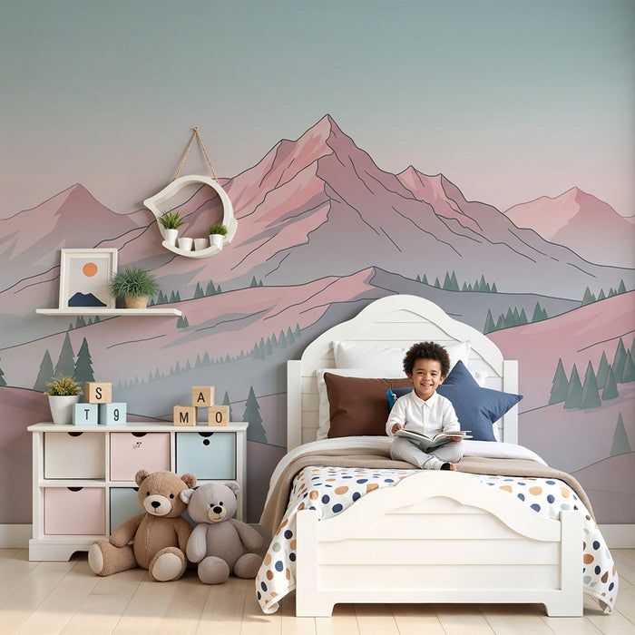 Tapet barnerom | Pastellrosa fjellandskap med grantrær