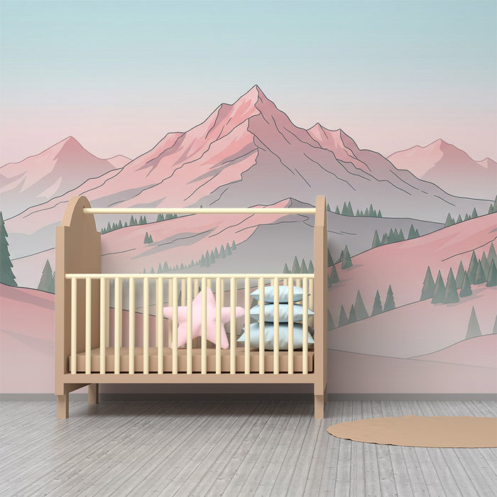 Tapet barnerom | Pastellrosa fjellandskap med grantrær