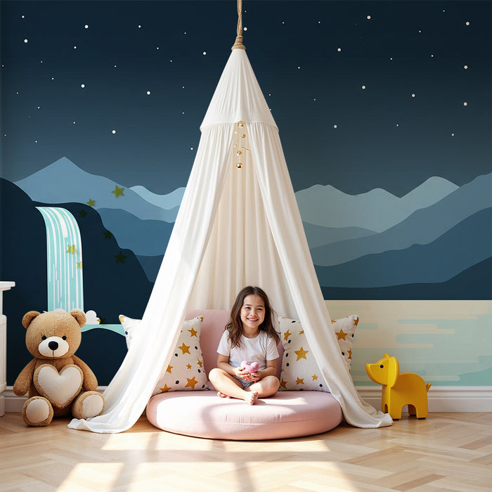 Kinderzimmer-Tapete | Nachtlandschaft mit Wasserfall und Bergen
