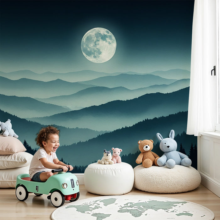 Kinderkamer behang | Nachtlandschap met maan en bergen